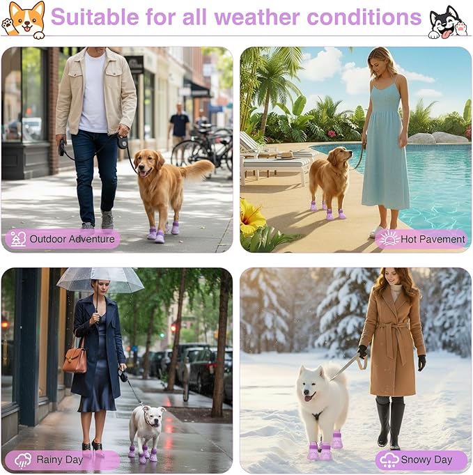 Dog Shoes for Hot Pavement and Snow – Waterproof, Non-Slip, Breathable Booties with Adjustable Straps for Small, Medium & Large Dogs (Purple, L)