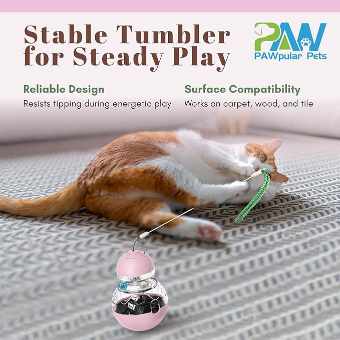 PAWpular Pets Interactive Cat Toy for Bored Indoor Cats, Tumbler Design with Teaser Wand, Cat Food Dispenser & Treat Puzzle Toy, Kitten Enrichment Toys for Mental Stimulation & Slower Eating (Pink)