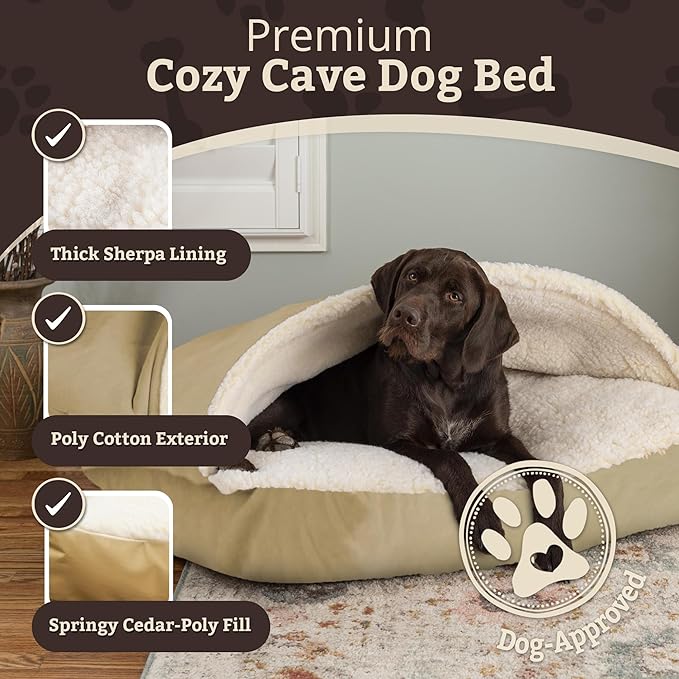 Snoozer Rectangle Cozy Cave Dog Bed - Indoor Dog Bed with Cover Cave, Covered Calming Burrow for Small & Medium Sized Pets with Blanket Attached, Enclosed, Washable Cover - Medium, Khaki
