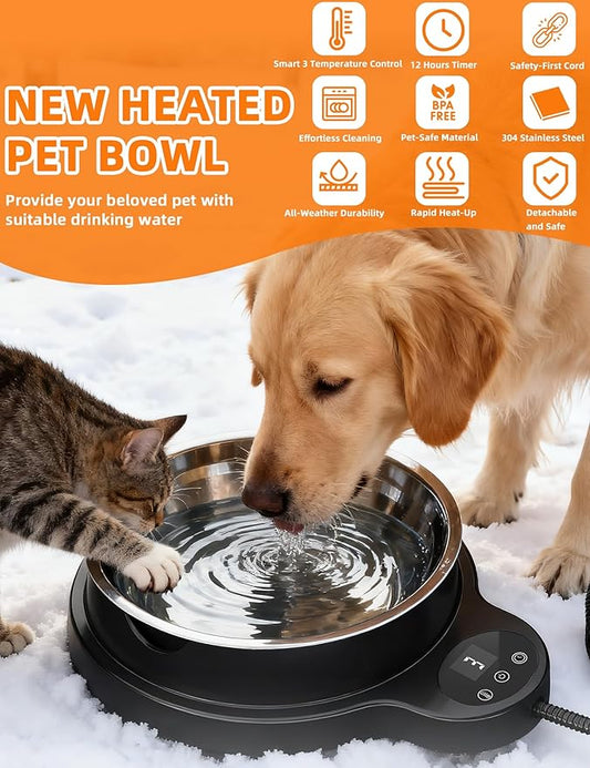 Heated Water Bowl for Dogs & Cats, 100W Heated Pet Bowl Outdoor with 3 Temperature Settings, 12H Timer, BPA-Free&50OZ Removable Stainless Steel Bowl, Anti-Chew Cord for Chickens, Ducks, Birds, Animal