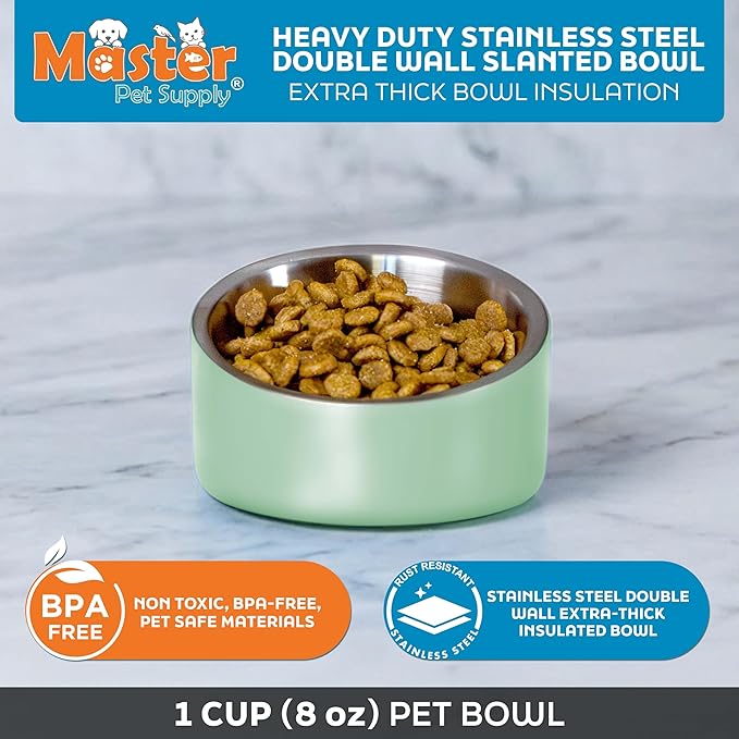 Master Pet Supply Stainless Steel Slanted Dog Cat Food Bowl - 8 oz Heavy Duty - Pistachio, Double Wall Insulated, Non-Slip Elevated Bowl for French Bulldogs Pugs Cats, Anti Rust Dishwasher Safe