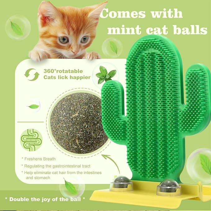 Catnip Toys for Indoor Cats, Green Cactus Shape Cat Scratching Brush with Catnip Ball Toys, 2 in 1 Massage & Self Groomer, Teeth Washing Healthy Rotatable Treats Toys, Cats Soothing Catnip