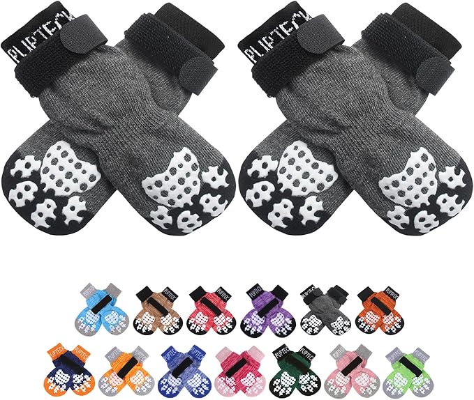 PUPTECK Anti-Slip Dog Socks with Double Sides Grips for Small Medium Large Dogs Hardwood Floors Prevents Licking, Dog Shoes for Hot Pavement Traction Control Paw Protector for Senior Dogs, Grey XXS
