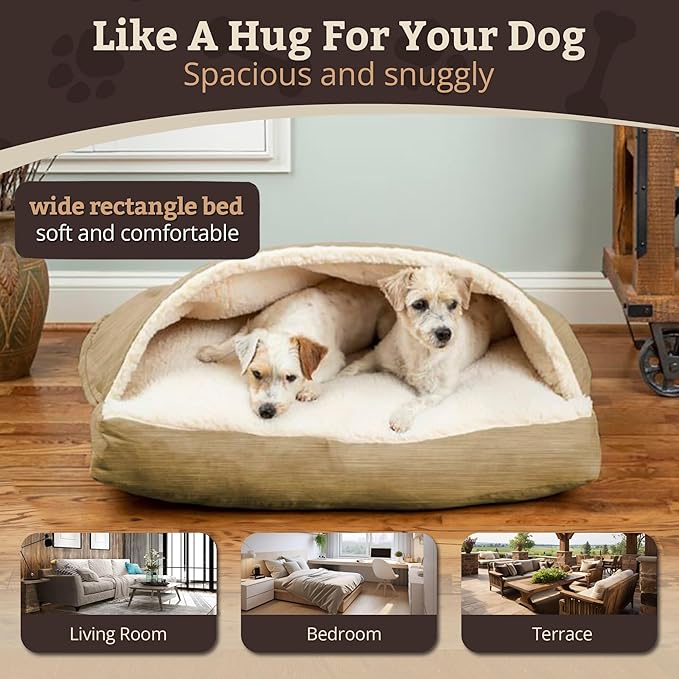 Snoozer Rectangle Cozy Cave Dog Bed - Indoor Dog Bed with Cover Cave, Covered Calming Burrow for Small & Medium Sized Pets with Blanket Attached, Enclosed, Washable Cover - Medium, Khaki