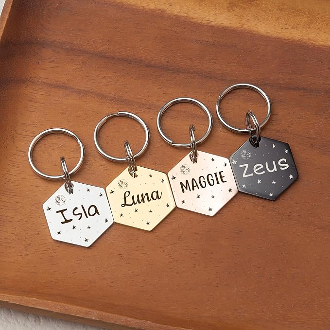 Anavia Small Size Dog Cat ID Tags, Small/XS Personalized Color Plated Stainless Steel Puppy Kitten Name Tags, Customized Engraved Nameplate Pet Collar Tag (Blue, Hexagon)