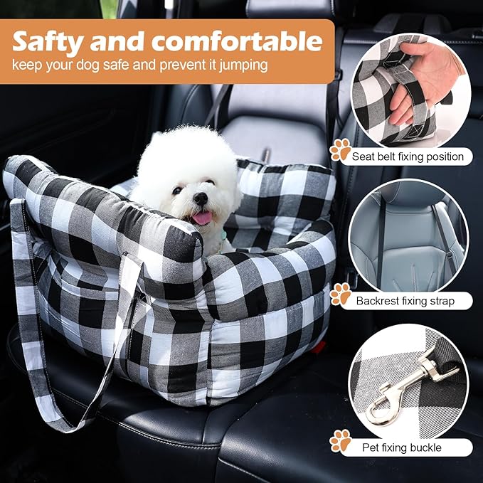 Medium Dog Car Seat Up to 28lbs - Pet Travel Bed Booster with Storage, Safety Tether, Anti-Slip Bottom for Cars(Black/White)