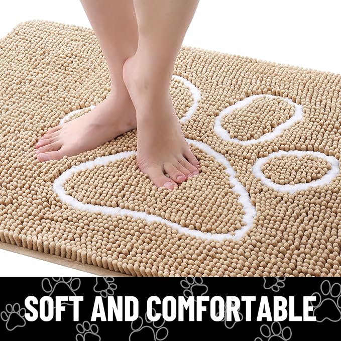Smiry Dog Door Mat for Muddy Paws, Absorbent Dirt Trapper Non Slip Quick Dry Washable Chenille Mat for Mud Dogs, Entry Rug for Indoor and Outdoor (30x20 Inches, Beige and White)