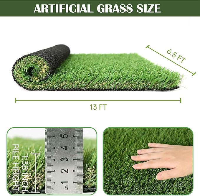1.38" Artificial Grass Turf 6.5 x 13 FT, Dog Grass Pads Indoor Outdoor Garden Lawn Landscape Patio Turf Mat Thick Fake Faux Grass Rug Dog Pets Mat for Puppy Potty Training