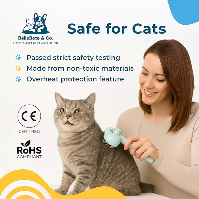 BelleBête & Co. Pet Steam Brush for Dog and Cat, Pet Hair Removal Grooming and Shedding Tool with One-Click Easy Self-Cleaning, USB Charging, No-Rinse Conditioning, Combs for Animals | White