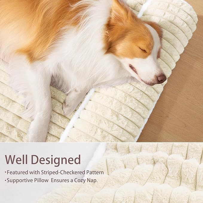 Orthopedic XL Dog Bed Large Sized Dog with Pillow 48''X30'', Waterproof Soft Comfortable Egg Crate Foam Pet Crate Beds Mat with Removable Washable Cover and Non-Slip Bottom, Cream