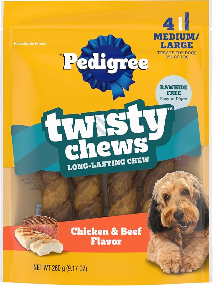 Pedigree Twisty Chews Medium/Large Long-Lasting Dog Treats Chicken & Beef Flavor, 9.17 oz. Pouch (4 Count, Pack of 5)