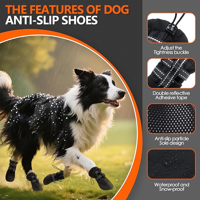 Small Dog Winter Booties, Waterproof & Anti-Slip, Breathable & Reflective, Dog Boots & Paw Protection for Winter Snow, Summer Hot Pavement, 4Pcs All-Weather Shoes for Outdoor, Size S, Black