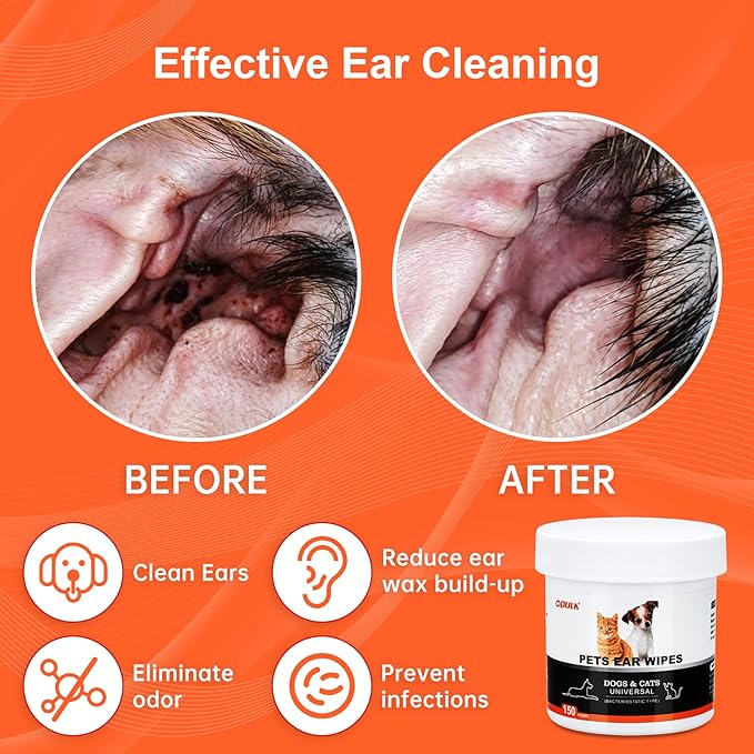 300Pcs Dog Ear Cleaner Wipes, Biodegradable Pet Ear Wipes for Dogs and Cats, Remove Ear Wax Debris, Relieve Itching, Eliminate Odors, Thick Otic Cleaning Pads