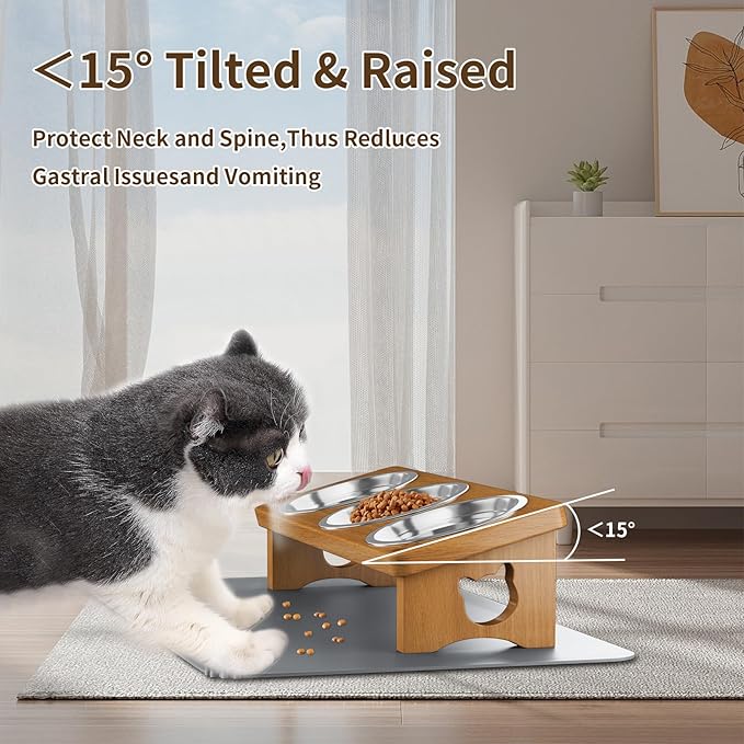 Solid Wood Elevated Cat Bowls with Silicone Food Mat, 15° Tilted Raised Cat Food and Water Dishes, Anti-Vomiting Design, 3 Stainless Steel Bowls for Cats & Small Dogs (Teak)
