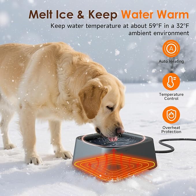 Heated Water Bowl for Dogs & Cats, 3.5L/120oz Large Heated Dog Bowl for Pets & Poultry, Safe Anti-Tip Heated Pet Bowl for Indoor/Outdoor, Melts Ice, Wide Mouth, 25W, 5ft Anti-chew Cord, Gray