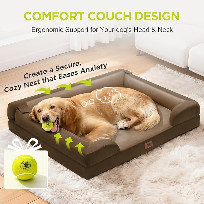 Extra Large Dog Bed, Orthopedic XL Washable Bed for Big Dog Waterproof Pet Couch Sofa Bolster with Removable Cover, Non-Slip Bottom, Tennis Ball Toy, 42x30