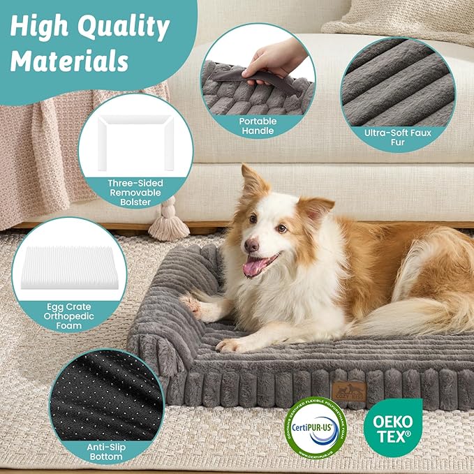 Cute Dog Bed for Medium Dogs, Faux Rabbit Fur Orthopedic Foam Dog Bed with Sides, Removable Washable Cover & Waterproof Lining, Comfortable Pet Couch, Grey (36" L x 27" W x 6.5" Th)