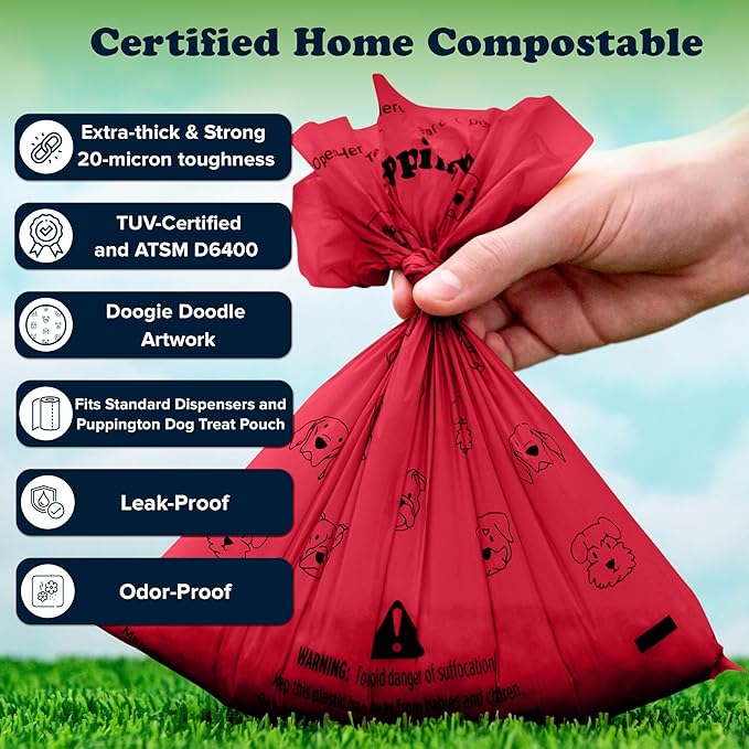 Puppington Certified Home Compostable Poop Bags - ASTM D6400 Compliant - 180 Extra Thick Bags - Plant Based - Pairs with Puppington 3-in-1 Bag & Fits all Standard Poop Bag Dispensers (Ruby Red)