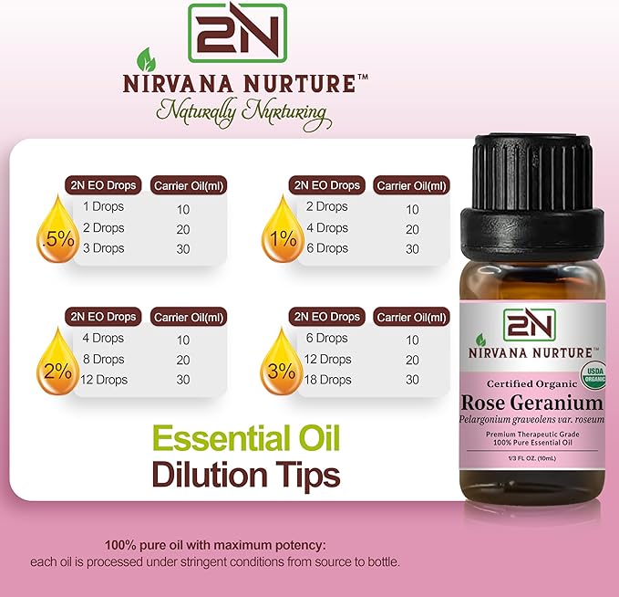 Nirvana Nurture Rose Geranium Essential Oil USDA Certified Organic, 100% Pure Natural Premium Grade, Undiluted