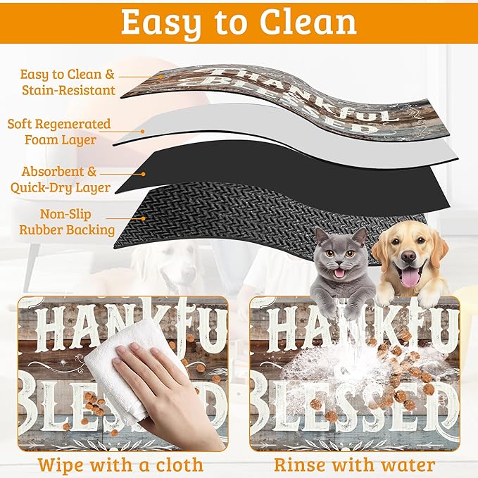 Thankful Feeding Mat,Blessed Absorbent Quick-Dry Cat Dog Food and Water Bowl Mats,Non-Slip Rubber Backing Mat,Cat Dog Accessories Supplies 12" x 20"