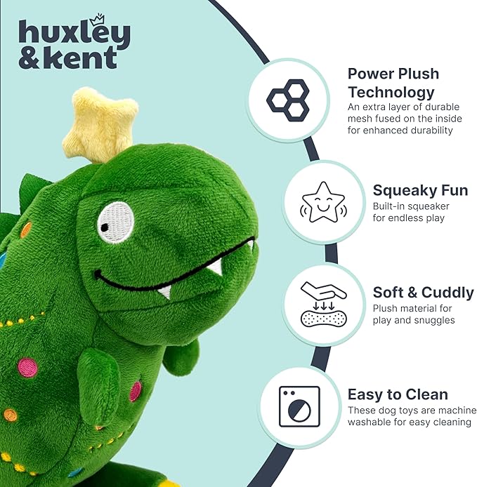 Huxley & Kent Funny Dog Toy w/Squeaker – Holiday Power Plush Squeaky Dog Toys for Small, Medium & Large Dogs – Soft Stuffed Animal for Indoor Play & Fetch - Tree Rex 2.0, Small