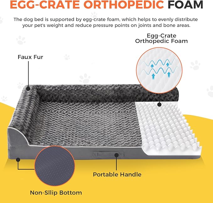 Dog Bed Large Sized Dogs, Orthopedic Dog Bed for Large Dogs, Waterproof Pet Bed with Washable Removable Cover, L-Shaped Pet Couch with Portable Handle 36"x27"x6.5", Dark Grey