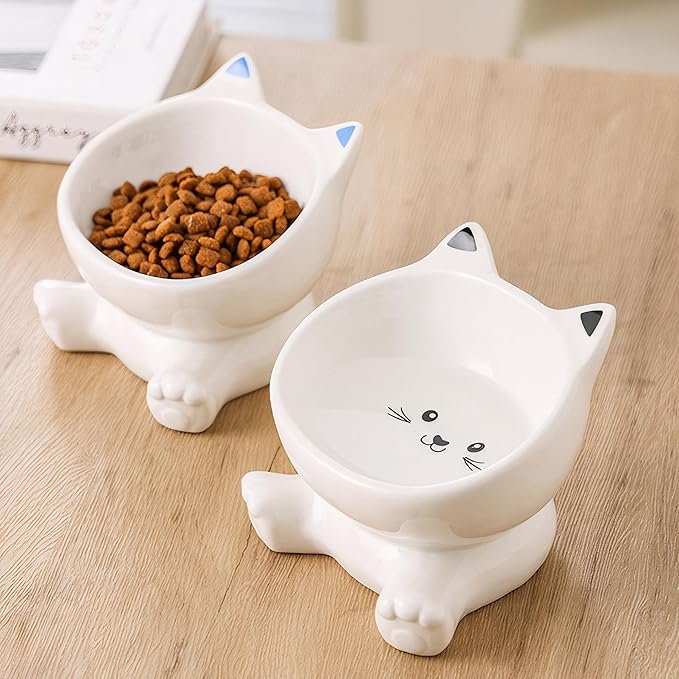 Cat Bowl, Elevated Cat Bowls, 4.9 Inch Cute Kitten Food Bowls for Anti-Vomiting and Whisker Friendly, 3D Raised Ceramic Cats Bowl for Food and Water with 4.5 OZ Capacity, Protects Pet's Spine, 1 Piece
