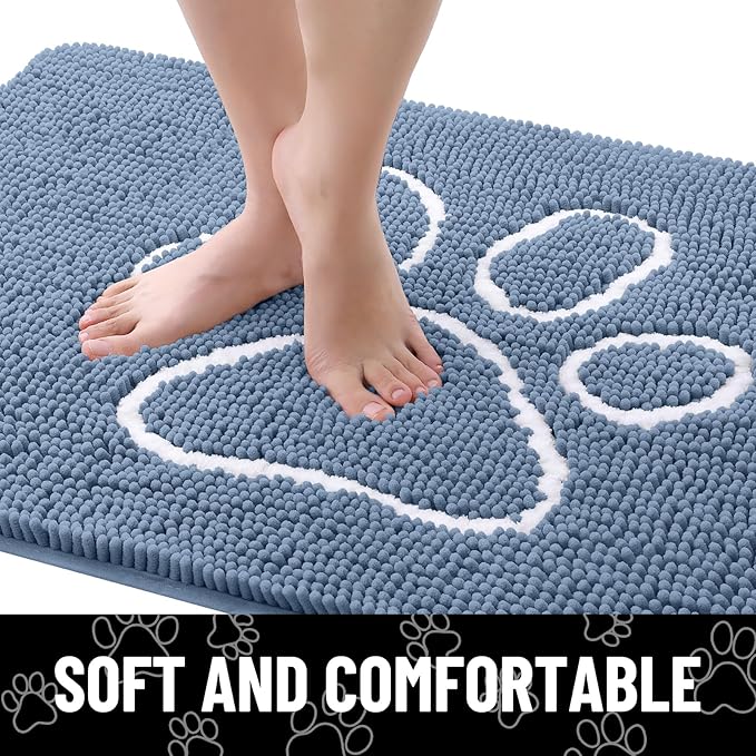 Smiry Dog Door Mat for Muddy Paws, Absorbent Dirt Trapper Non Slip Quick Dry Washable Chenille Mat for Mud Dogs, Entry Rug for Indoor and Outdoor (47x24 Inches, Airy Blue and White)
