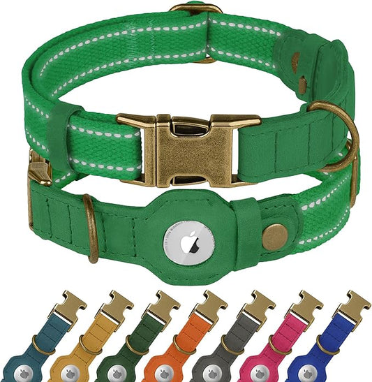 Reflective Leather Dog Collar with AirTag Holder - Soft Apple Airtag Dog Collar with Metal Buckle - Safety Cotton Pet Collars for Dogs Small Large Dogs Puppy (Green, XL, 20"-25")