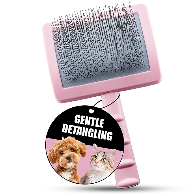 Tauro Pro Line Dog Brush for Shedding - Doodle & Poodle Slicker Brush for Long Haired Dogs & Cats - Detangler for Pet Grooming, Non-Slip Grip, Soft Pin (Size L - Pink)