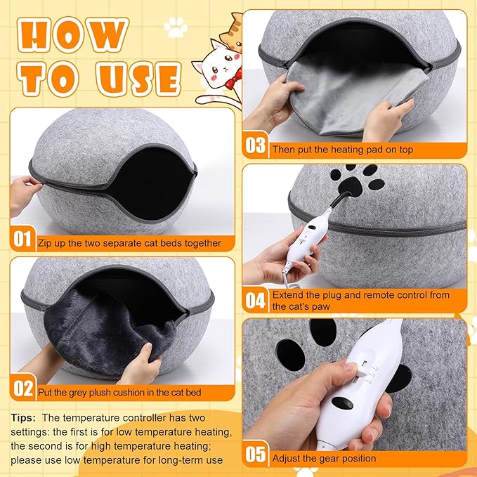 Heated Cat Bed, Indoor Heated Cat Cave, Warmer Thermal Pet Bed with Removable Waterproof Heater for Kitty Small Dogs Gray(19.7X 17.8 x 13 Inches)