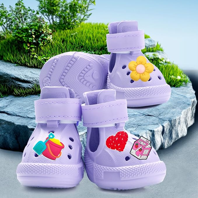 Dog Shoes for Hot Pavement,Non-Slip Waterproof Breathable Easy to Clean Put On and Take Off Dog Boots,Paw Protector for Hot Summer Roads Winter Snow (Purple, Size 1:(1.18"x1.77")(L*W))