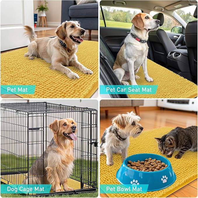 OLANLY Dog Door Mat for Muddy Paws 48x30, Absorbs Moisture and Dirt, Absorbent Non-Slip Washable Doormat, Quick Dry Chenille Mud Mat for Dogs, Entry Indoor Entryway Carpet for Inside Floor, Yellow