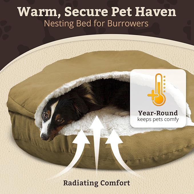 Snoozer Cozy Cave Dog Bed - Indoor Dog Bed with Cover Cave, Covered Calming Burrow for Small & Medium Sized Pets with Blanket Attached, Enclosed, Removable Washable Cover - Large, Khaki