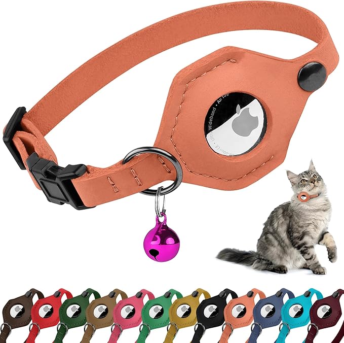 Breakaway Airtag Cat Collar with Removable Bell - Leather Pet Collar with Apple Air Tag Holder - Adjustable GPS Collars for Girl Boy Cats Kitten Puppy - Lightweight, Cute and Comfortable (Peach)