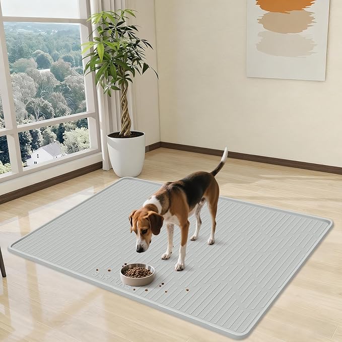 Bartuke Silicone Cat & Dog Food Mat, 27" x 27" Large Pet Feeding Mat for Cats and Dogs Bowl, Pet Placemat for Food and Water with Raised Edge, Waterproof, Leakproof (Grey)