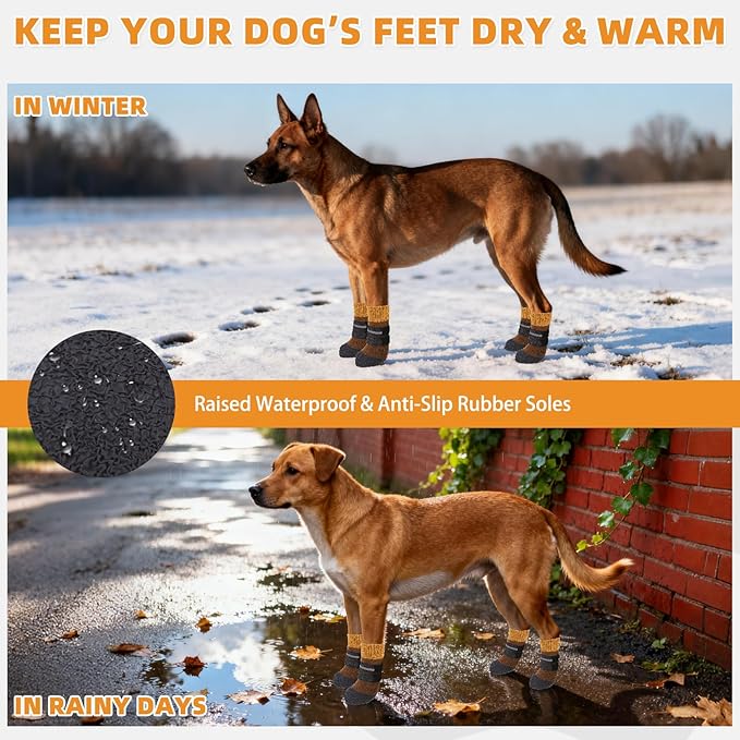 KOOLTAIL Anti Slip Winter Dog Socks to Prevent Licking Paws, Waterproof Snow Rain Long Dog Boots&Paw Protector, Warm Grippy Booties Reflective Double Straps for Hardwood Floor, Small Medium Large Dogs