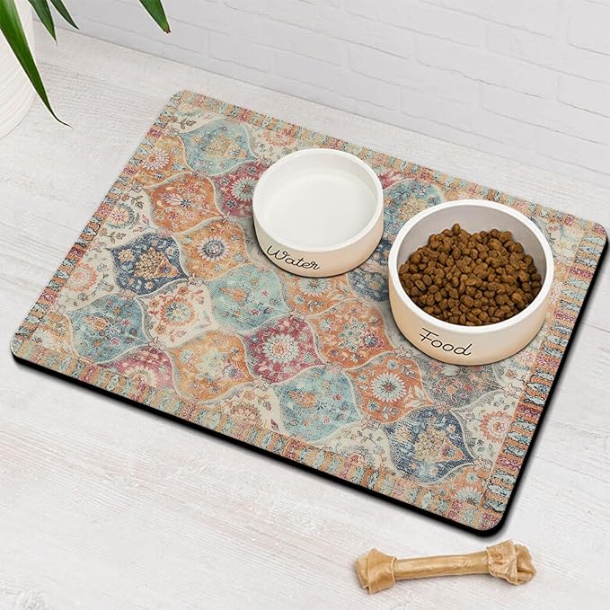 Moroccan Trellis Dog Food & Water Mat, Mexican Talavera Boho Colorful Pet Feeding Mat for Floor Non-Slip Waterproof, Super Absorbent Cat Bowl Mat, Easy to Clean Durable Pet Placemat,12" × 20"