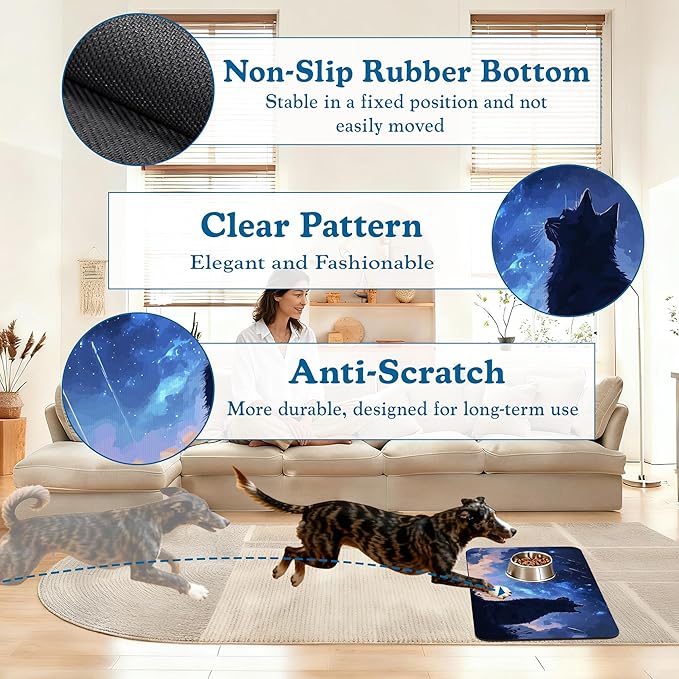 Starry Night Cat Dog Food Mat–Christmas Stocking Absorbent Quick Dry Feeding Placemat for Food and Water Bowls, Non Slip Rubber Backing, Waterproof Pet Supplies for Mess-Free Eating 16"x24"