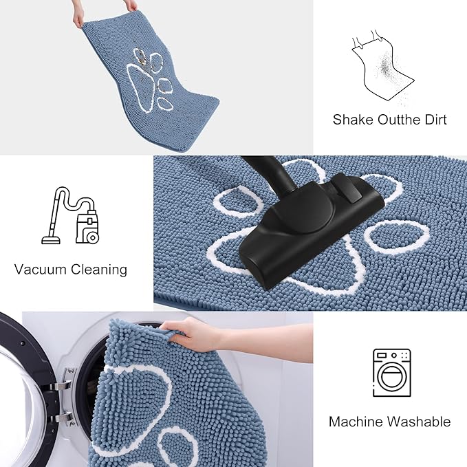 Smiry Dog Door Mat for Muddy Paws, Absorbent Dirt Trapper Non Slip Quick Dry Washable Chenille Mat for Mud Dogs, Entry Rug for Indoor and Outdoor (47x24 Inches, Airy Blue and White)