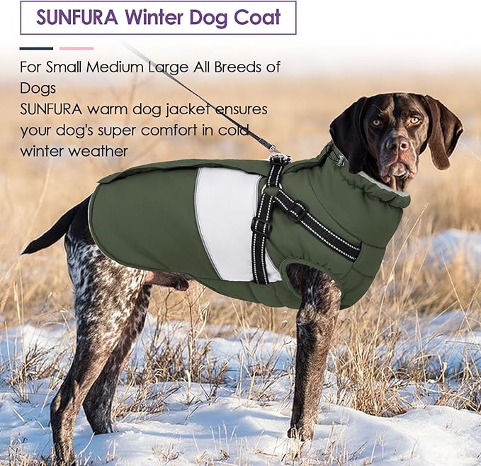 SUNFURA Small Dog Coat with Harness Built in, Warm Dog Jacket Winter with Zipper On Back, Waterproof Pet Snow Jacket Snowsuit Pet Sweater Clothes for Puppy, Army Green XS