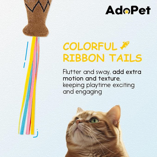 AdoPet Interactive Cat Wand Toy with Plush Fish & Colorful Ribbon Tails – Engaging Play and Exercise Teaser Stick for Indoor Cats and Kittens (Brown/Gray/Pink)