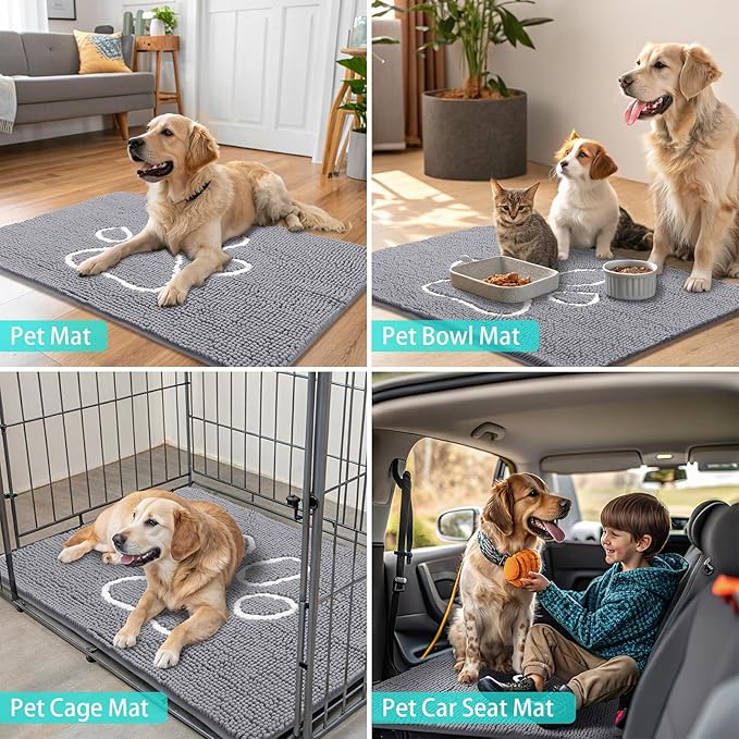 Smiry Dog Door Mat for Muddy Paws, Absorbent Dirt Trapper Non Slip Quick Dry Washable Chenille Mat for Mud Dogs, Entry Rug for Indoor and Outdoor (40x32 Inches, Grey and White)