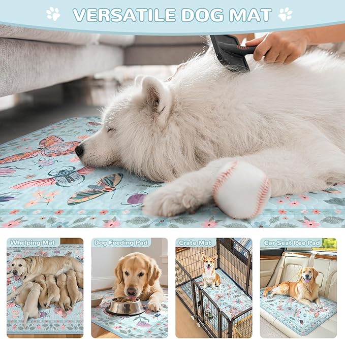 Lahome Washable Reusable Pee Pads for Dogs - Blue Butterfly & Insect Print 2 Pack Puppy Pads, Super Absorbent & Waterproof Training Mats for Crate & Floor - Leakproof with Non-Slip Backing (36"x48")