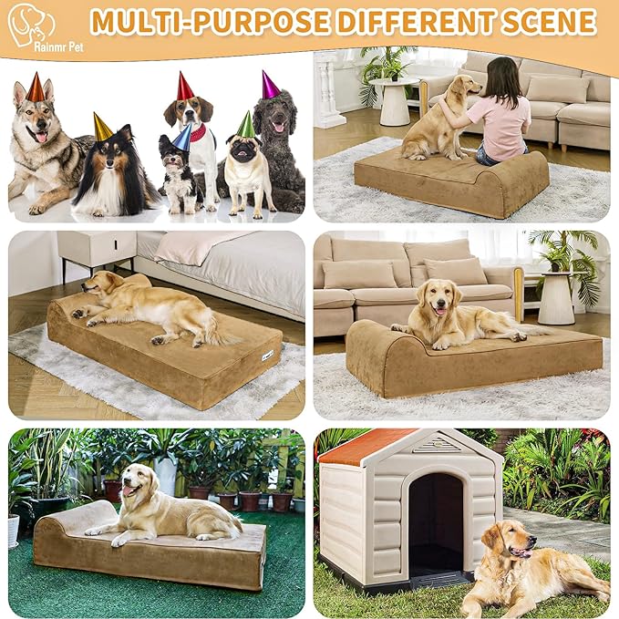 Orthopedic Dog Beds for Large Dogs, 7" Memory Foam Dog Beds with Waterproof Liner, Durable Microsuede Cover, Removable and Washable, Nonskid Bottom, 52"x36"x7" XL Khaki