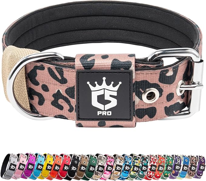 TSPRO Tactical Dog Collar 1.5 Inch Wide Thick Dog Collars with Heavy Duty Metal Buckle, Durable, Strong, Adjustable for Medium to Large Dogs (Leopard Print L)