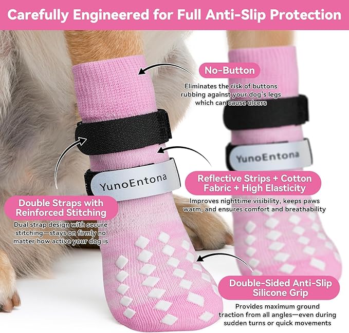 Non Slip Dog Socks to Prevent Licking Paws - for Hardwood Floors Anti Slip - Grippy Socks for Senior Dog - Double Elastic Reflective Straps Prevent Scratching for Hot Pavement. (Pink, L)
