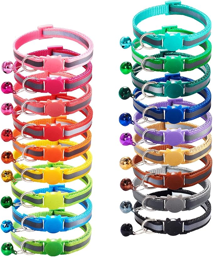 18Pcs Reflective Puppy Collars, Cat ID Collars with Bell Adjustable 19-32cm, Soft Nylon Adjustable Breakaway Identification Collars for Puppy Kittens