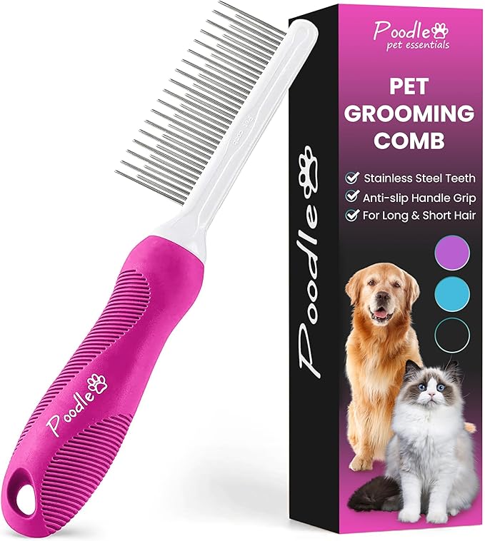 Poodle Pet Bundle - Dematting Fur Rake Comb Brush Tool with Steel Safety Blades and Detangling Pet Comb with Long + Short Stainless Steel Teeth for Detangling Matted or Knotted Undercoat Hair (Pink)