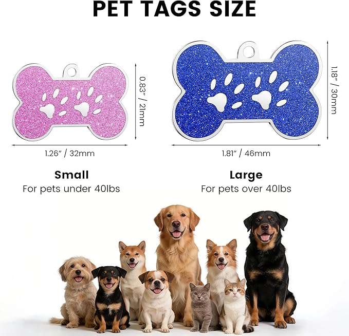 YEHANTI Dog Tags Personalized for Pets with Glittery Front Design - Beautiful Stainless Steel Cats Dogs ID Tags - Engraved with Laser - Stylish Dog Collar Accessories (Red, L)